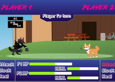 Cartoon dog and wolf Standing on cartoon green grass with a cartoon building in the background. It's a screenshot from a video game. There are health bars and it's player 1's turn.