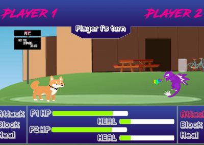 Cartoon dog and dragon Standing on cartoon green grass with a cartoon building in the background. It's a screenshot from a video game. There are health bars and it's player 1's turn.