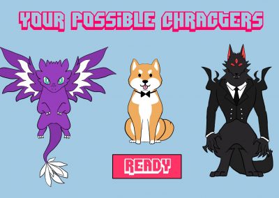 A cartoon dragon, dog, and wolf standing in a line. Above it says, Your Possible Characters. Below it has a ready button.