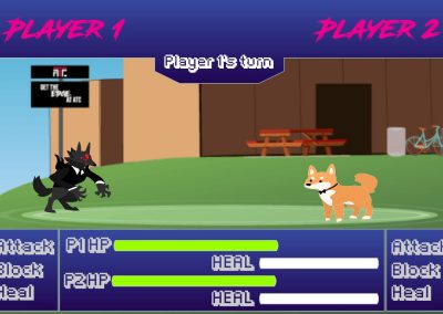 Cartoon Dog and Dragon ready to fight, their standing on green grass and there's a cartoon building in the background. There are health and heal bars and it start's with player 1's turn.