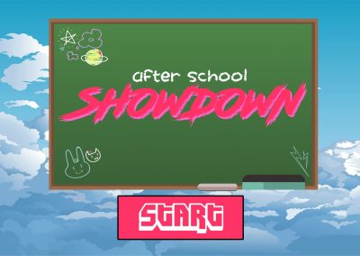 Cartoon green chalkboard on top of a cartoon sky background. On the chalk board there are different drawings in the corners there are little doodles, in the center it says after school showdown. There is a hot pink start button underneath the chalkboard.